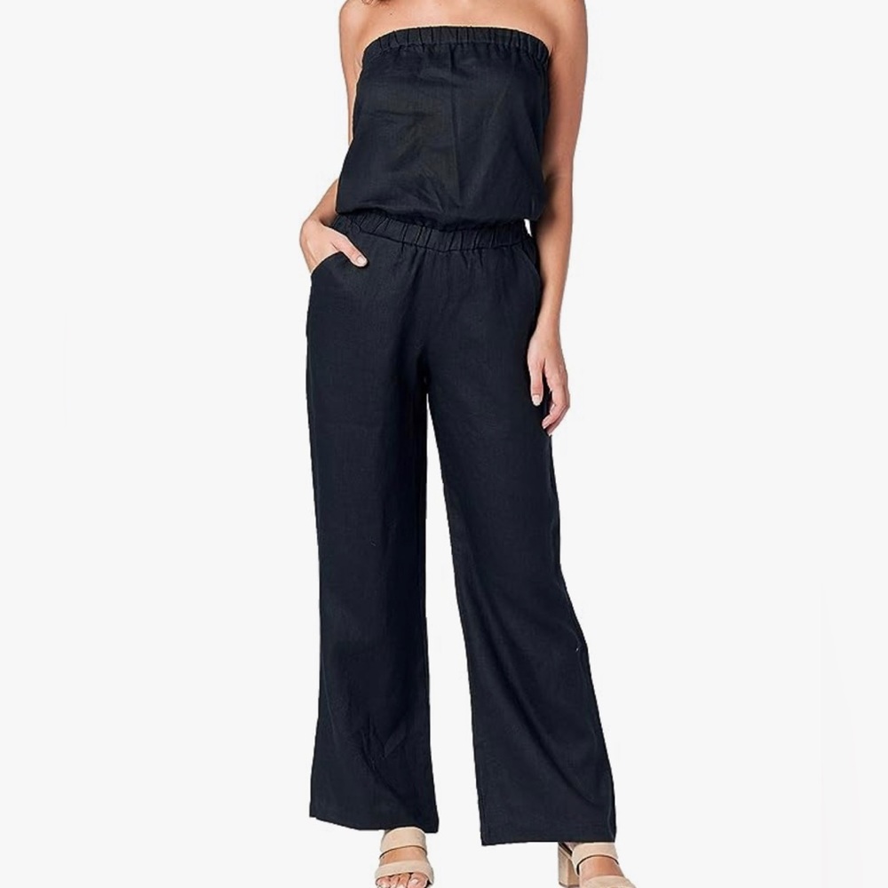 Black strapless full length casual wide leg jumpsuit, 100% linen NWOT